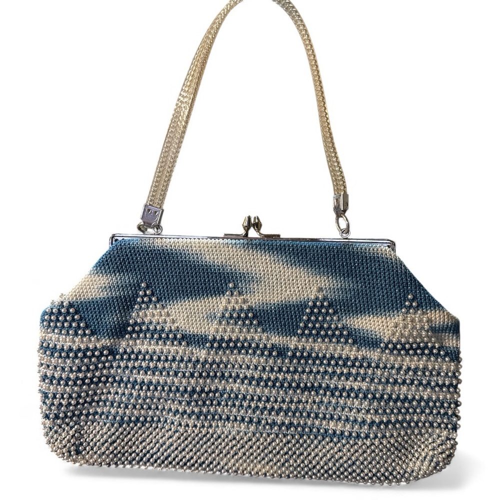 Vintage Beaded Blue and Cream Handbag